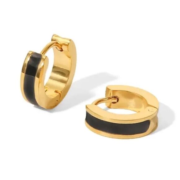 Black Enamel Small Hoop Huggie Earrings Gold Plated - Picture 1 of 4